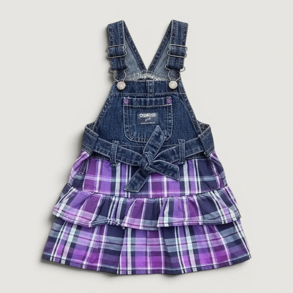 OshKosh B'gosh Overall Dress‎ Kids 18 Months Purple Plaid Denim EUC